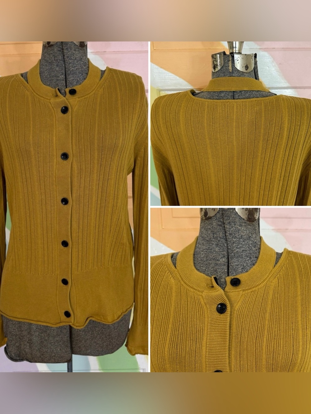 Proenza Schouler Ribbed Silk Blend Split Collar Cardigan Mustard Yellow Sz L💛